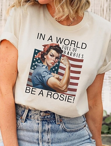 女性の愛国的Tシャツレター国旗ヴィンテージ半袖ラウンドネックトップスデイリーヴィークエンド黒ベージュロージーザリベッターシャツインアワールドビシャツストロング