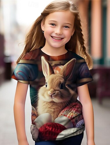  イースター 女の子 3D バニー Ｔシャツ シャツ 半袖 3Dプリント 夏 活発的 ファッション かわいいスタイル 子供 3〜12年 クルーネック アウトドア カジュアル 日常 レギュラー