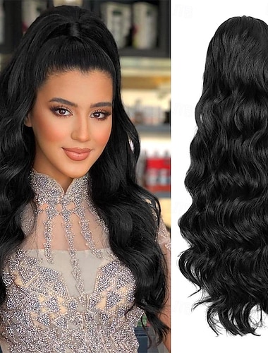  Pferdeschwanz-Verlängerung, schwarze Pferdeschwanz-Verlängerung mit Kordelzug für Frauen, 66 cm lange, gewellte Pferdeschwanz-Verlängerung, synthetische Clip-in-Pferdeschwanz-Haarverlängerungen für