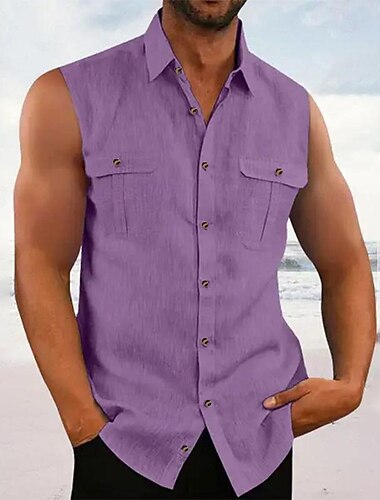  Herren Hemd Sommerhemd Freizeithemd Strandhemd Knopfhemd Schwarz Blau Purpur Grün Ärmellos Einfach Revers Urlaub Hawaiianisch Tasche Bekleidung Polyester Mode Lässig Bequem