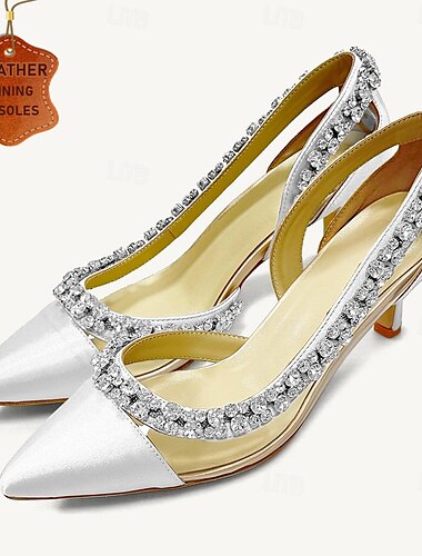  Γυναικεία Τακούνια Γαμήλια παπούτσια Πάρτι Νυφικά Παπούτσια Κρυσταλλάκια Γατίσιο Τακούνι Μυτερή Μύτη Κομψό Σατέν Μοκασίνια Μαύρο Λευκό Σαμπανιζέ
