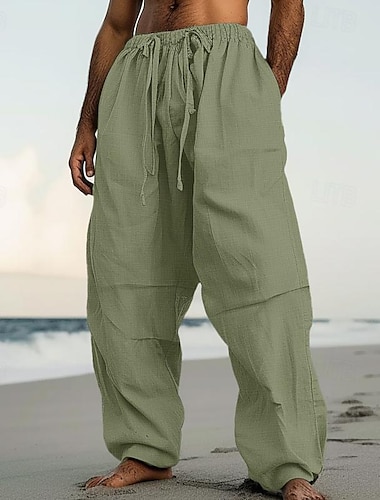  Herren Leinenhose Hose Hosen Sommerhosen Strandhose Kordelzug Elastische Taille Falten Glatt Komfort Atmungsaktiv Casual Täglich Festtage Modisch Klassicher Stil Schwarz Weiß