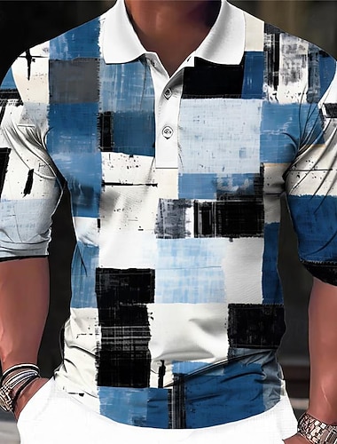  Miesten Skottiruutukuvio Poolopaidat Golfpaita Pitkähihainen Poolopaidat Kauluspaidat Vintage Vapaa-aika Lomavaatteet Muodolliset vaatteet Festivaalivaatteet 3D-tulostus Napit Kevät kesä Sininen