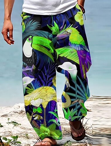  الببغاء الاستوائية هاواي الرجال منتجع 3D مطبوعة عارضة السراويل السراويل فضفاضة تناسب مستقيم الساق مرونة الخصر الرباط البوليستر ألوها هاواي الصيف بناطيل الشاطئ S إلى 3XL