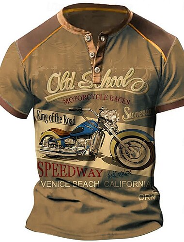  Herren Graphic Motorräder Henley Shirt Kurzarm 3D-Druck Modisch Designer Komfortabel Outdoor Täglich Sommer Marineblau Blau Himmelblau Purpur Braun Henley Henley T-Shirt