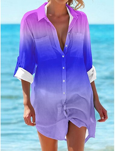  Vrouwen Mini Jurk Shirt Jurk Hawaiiaanse Shirts Vloeibaar Mode Knoppenprint Lange Mouwen Lange Shirtkraag Casual Vakantie Strand Blauw Groen Zomer Vakantiekleding Strandkleding