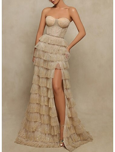  Ball Gown A-Line Prom Dresses Elegant Dress Formal Prom Floor Length Sleeveless Strapless Tulle with Sequin Slit 2024
