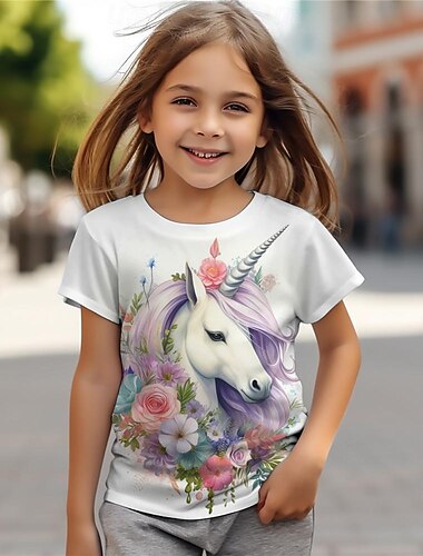  Flickor 3D Enhörnings T-shirt Skjortor Rosa Kortärmad 3D-tryck Sommar Aktiv Mode söt stil Polyester Barn 3-12 år Rund hals Utomhus Ledigt Dagligen Normal