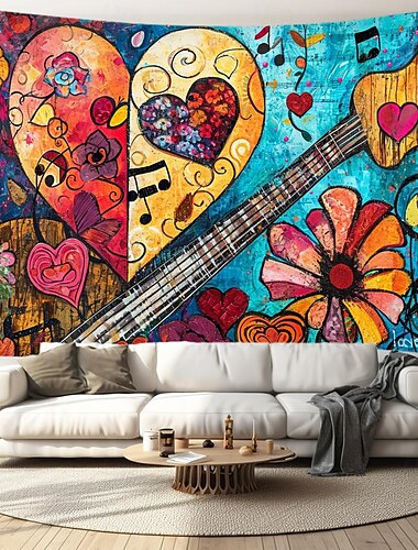 فن القلب الغيتار شنقا نسيج جدار الفن نسيج كبير جدارية ديكور صورة خلفية بطانية ستارة المنزل غرفة نوم غرفة المعيشة الديكور