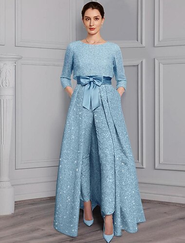  Combinaison  Tailleur 3 pièces mère de la mariée Formelle Invitée de mariage Élégante Éclat  Brillance Décolleté arrondi Longueur cheville Satin Manches 3/4 avec nœud(s) 2025