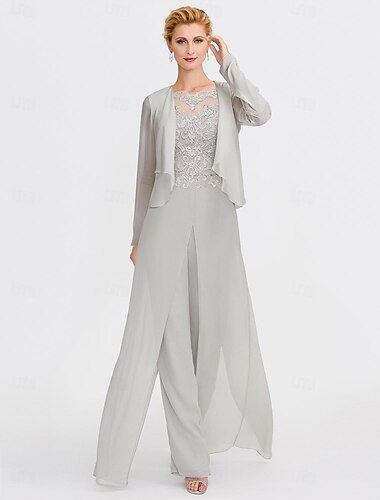  بدلة مكونة من قطعتين على الشاطئ لفستان أم العروس ضيف الزفاف أنيق مع ربطة برقبة بيو بطول الأرضية من الشيفون بأكمام بطول 3/4 مع تطبيقات