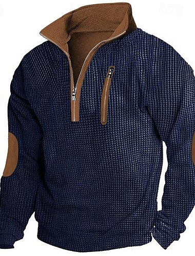  Herren T Shirt Waffelstrick T-Shirt T-Shirt Langarmshirt Langarm Viertelreißverschluss Frühling & Herbst Farbblock Mode Designer Basic Patchwork Reißverschluss Urlaub Straße Ausgehen Schwarz