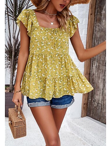 Women's Camisole Tank Top Casual Floral Ruffle Print Sleeveless Regular Tops Square Neck Vacation Daily Black Yellow Red Beige Summer
