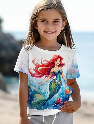  Flickor 3D Sjöjungfru T-shirt Skjortor Kortärmad 3D-tryck Sommar Aktiv Mode söt stil Barn 3-12 år Rund hals Utomhus Ledigt Dagligen Normal