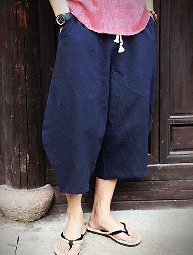 Herren Leinenhosen Sommerhose Strandhose Tasche Elastischer Bund Kordelzug Einfach Komfort Atmungsaktiv Wadenlang Urlaub Täglich Ferien Hawaiianisch Boho Schwarz Rote