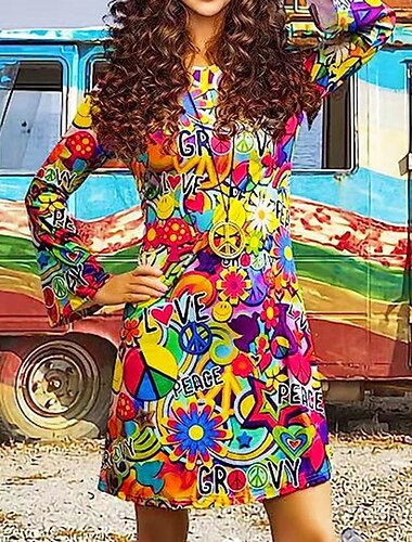  Retro Vintage 1970er Disko Kleid Stirnband Trompetenärmel Hippie Damen Karneval Maskerade Party / Abend Pride Parade Pride-Monat Erwachsene Kleid Stirnband