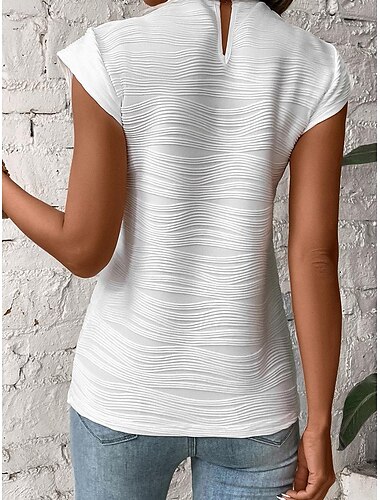  Women's Shirt Blouse Solid Color Basic Casual Short Sleeve High Neck Regular Tops Daily Patchwork White Summer Spring