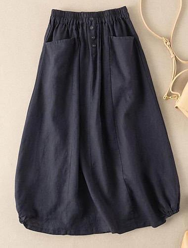 Dames Rok A-lijn Basic Casual Midi Hoge taille Rokken Effen Zak Casual / Dagelijks Weekend Zwart Leger Groen Marineblauw Khaki Zomer Katoen en linnen