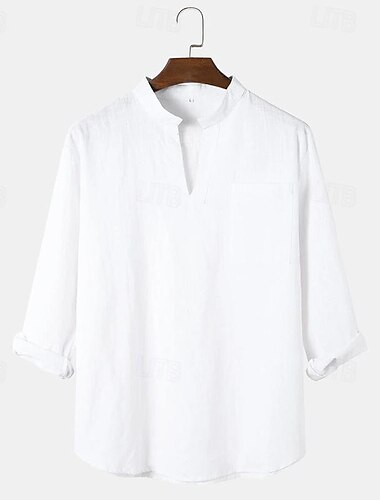  Herren Hemd leinenhemd Lässiges Hemd Baumwoll-Shirt Glatt Urlaub Hawaiianisch Schwarz Weiß Braun Langarm V Ausschnitt Frühling Sommer Bekleidung Vordertasche
