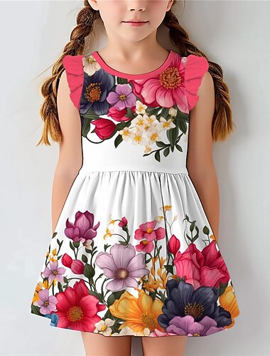  Pasqua ragazze' 3D Floreale Abito con balze Rosa Senza maniche Stampa 3D Estate Giornaliero Per eventi Informale Bellissimo Bambino 3-12 anni Abito casual Abito senza maniche Sopra il ginocchio