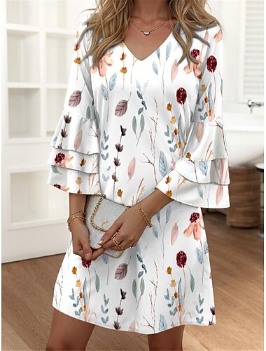  Dámské mini šaty volné šaty polofinální šaty petite šaty sundress streetwear volány rukávy dovolená ulice rande pravidelně padnoucí květinové 3/4 rukáv V výstřih růžové modré fialové léto