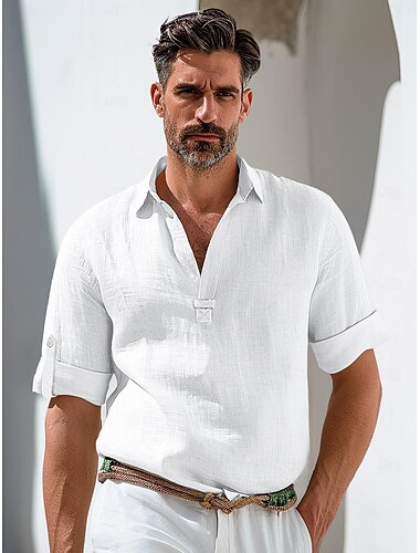 45% linnen Voor heren linnen overhemd Popover-shirt Zomer overhemd Strand hemd Wit Blozend Roze Beige Korte mouw Effen Revers Zomer Buiten Dagelijks Kleding