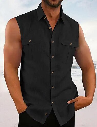  Voor heren Overhemd Zomer overhemd Normaal shirt Strand hemd Overhemd met knopen Zwart Blauw Paars Groen Mouwloos Effen Revers Vakantie Hawaii Zak Kleding Polyester Modieus Casual Comfortabel
