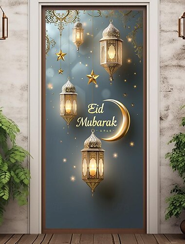  Eid mubarak ramadán kareem cubiertas de puerta decoración mural puerta tapiz cortina de puerta decoración telón de fondo pancarta de puerta extraíble para puerta de entrada interior al aire libre