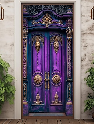 Cubiertas de puerta hueca vintage púrpura decoración mural tapiz de puerta cortina de puerta decoración telón de fondo pancarta de puerta extraíble para puerta de entrada interior al aire libre