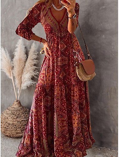  vestido de mujer de una línea maxi vestido largo rojo 3/4 manga larga estampado verano primavera otoño cuello en v casual 2023 3xl