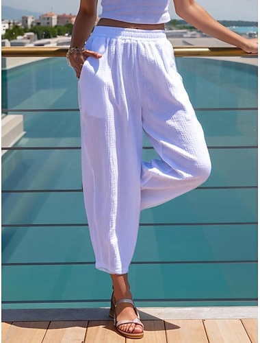  Mujer Chinos Pantalones Lino Artificial Bolsillo Alta cintura Longitud total Blanco Verano