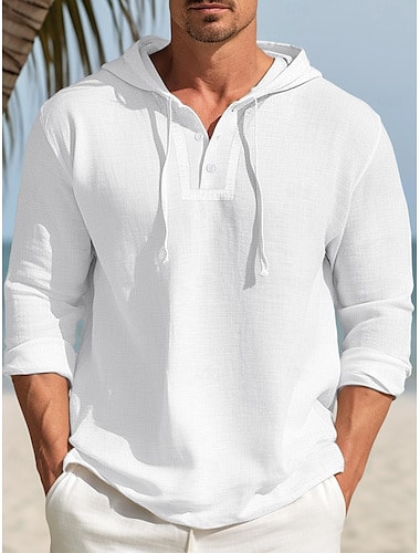  100% Len Guzik Męskie lniana koszula Letnia koszula Koszula plażowa Czarny Biały Granatowy Długi rękaw Równina Kaptur Wiosna i jesień Na zewnątrz Codzienny Odzież