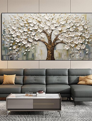  Pintura al óleo de árbol de flores blancas 3d, árbol de torre pintado a mano sobre lienzo, pintura de flores con cuchillo, pintura al óleo texturizada pintada a mano, arte minimalista para decoración
