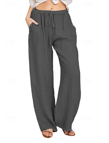  Damen Weites Bein Hose aus Baumwollleinen Hosen Hose Alltagstauglich Volle Länge Einfach Kordelzug Seitentaschen Weites Bein Atmungsaktivität Bequem Unelastisch Ausgehen Wochenende Schwarz Wei