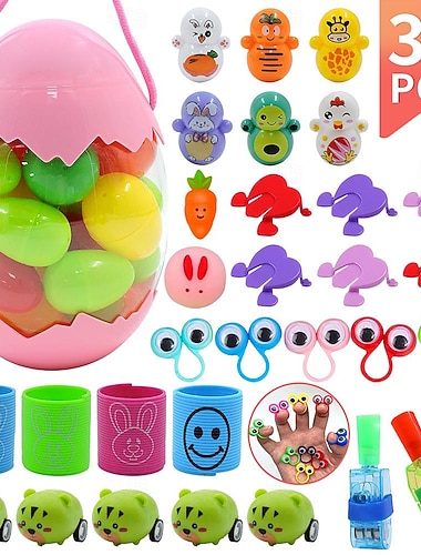  assortimento di giocattoli a forma di uova di Pasqua per bambini, grande set di bomboniere per feste di Pasqua con uova di plastica, mini giocattoli, adesivi &riempitivi, riempitivi per cestini