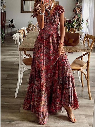  Női hétköznapi ruha Virágos Paisley Nyomtatott V-alakú Hosszú ruha Maxi ruha Csehország Etno Vakáció Rövid ujjú Nyár