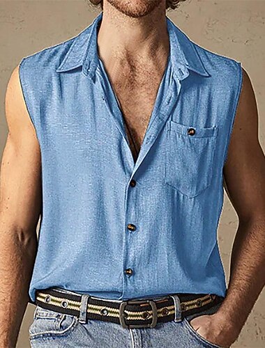  Herre Skjorte Sommer skjorte Casual skjorte Strandtrøje Button Up skjorte Sort Hvid Brun Grøn Lyseblå Uden ærmer Vanlig Knaphul Ferierejse Hawaiiansk Lomme Tøj Polyester Mode Afslappet Bekvem