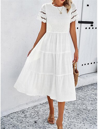  Women's White Dress Midi Dress Mesh Patchwork Date Vacation Streetwear Basic Crew Neck Short Sleeve Black White Brown Color