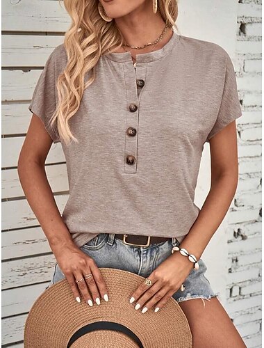  Femme T shirt Plein Mode Manche Courte Col Rond Hauts réguliers du quotidien Fin de semaine Boutons Noir Rose Claire Bleu Marron Vert Eté