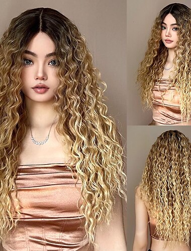  Synthetic Lace Wig Curly Style 26 inch Blonde Middle Part 13x4 Lace Front Wig Women's Wig Golden Brown With Blonde