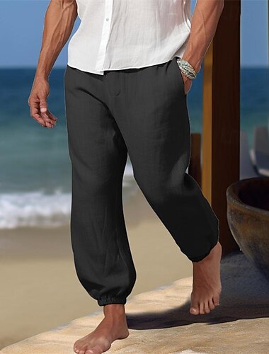  100% Leinen Herren Leinenhose Hose Hosen Sommerhosen Tasche Kordelzug Elastische Taille Glatt Atmungsaktiv Komfortabel Täglich Urlaub Ausgehen Klassisch Brautkleider schlicht Schwarz Marineblau