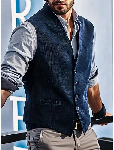  Hombre Chaleco Boda Negocio Diario Negocios Casual Primavera Otoño Bolsillo Poliéster Transpirable Plano Botonadura Simple Escote en Pico Ajuste regular Azul Marino Chaleco