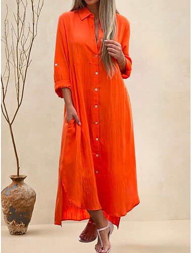  Femmes Noir Blanche Jaune Automne Hiver Robe maxi Robes en coton et lin Robe Chemise Robe Décontractée Mode Basique Moderne Extérieur Vacances Quotidien Coupe Ample Uni Col de chemise