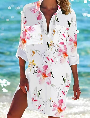  Damernes Mini Kjole Skjorte Kjole Hawaii Skjorter  Flowy  Mode Knapper Print Lang Ærme Lang  Skjorte Krave Casual Ferie Strand Hvid Blå Lilla Sommer Ferietøj Strandtøj