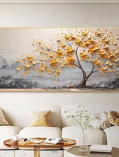  Pintura al óleo de cerezo pintada a mano sobre lienzo, pintura al óleo de árbol de oro texturizada hecha a mano, arte de pared, pintura abstracta de árbol floreciente para dormitorio, decoración de