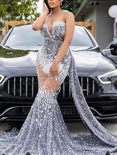  Mermaid Evening Gown Sparkle Prom Dress Carnival Formal Court Train Sleeveless Strapless African American Sequined with Beading Sequin 2024