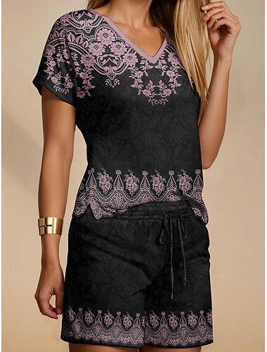  Dame Mote T skjorte Shortssett Løstsittende shorts Kortermet V-hals Blomstret Snorer Trykt mønster Fritid / hverdag Blå Lilla Kakifarget Sommer Normal