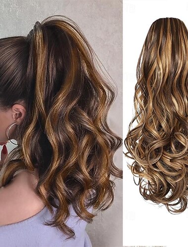  Extensión de cabello de cola de caballo con cordón, extensiones de cola de caballo falsas, onduladas, cortas, sintéticas, de 16 pulgadas, clip suave natural en postizos de cola de caballo para mujeres