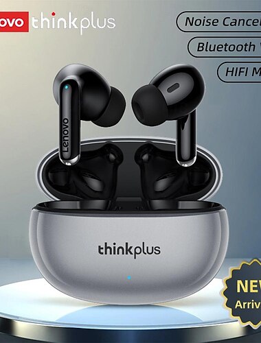  Lenovo ThinkPlus trådlösa öronsnäckor, Bluetooth 5.3-hörlurar med brusreducering, HiFi-stereo TWS in-ear-hörlurar med mikrofon, laddningsfodral, sportöronsnäckor för iPhone och Android, grå &svart