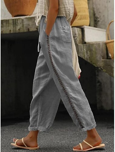 Dames Katoenen linnen broek Broeken Casual / Dagelijks Enkellengte Effen Trekkoord Zijzakken Ademend Comfortabel Inelastisch Buiten Uitgaan Donkergrijs Wit Khaki Grijs Lente, Herfst, Winter, Zomer